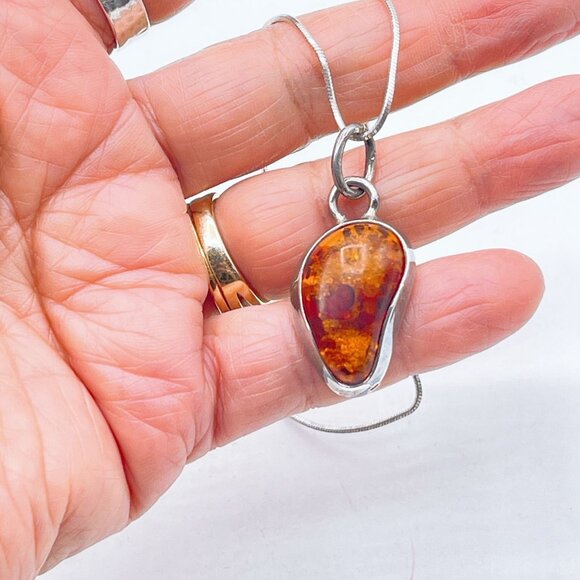 Sterling Silver Pendant Necklace With Genuine Amber Teardrop Design - Picture 8 of 8